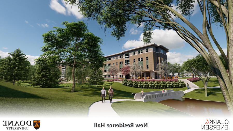 Rendering of the south side of Doane's future residence hall, looking up from Miller Pond. The building has a walk-out lower level and three stories. There are two patios and communal green space for students to use for events, 学习和社交. 图片由克拉克提供 & Enersen. 